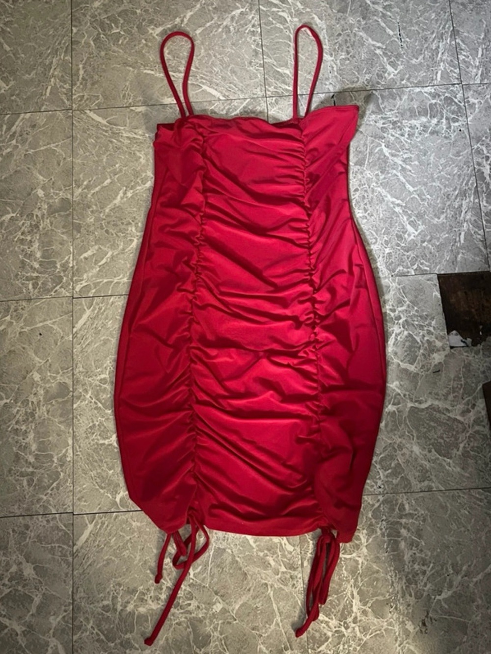 Women's Red Ruched Spaghetti Strap Mini Dress